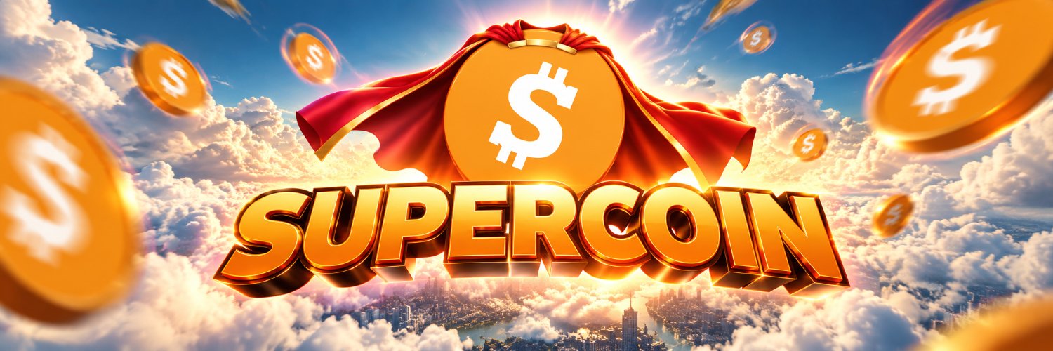 SuperCoin gold superhero logo with flying coins and sunlit clouds