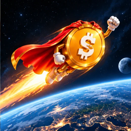 SuperCoin, a golden superhero coin in a red cape, flying above Earth